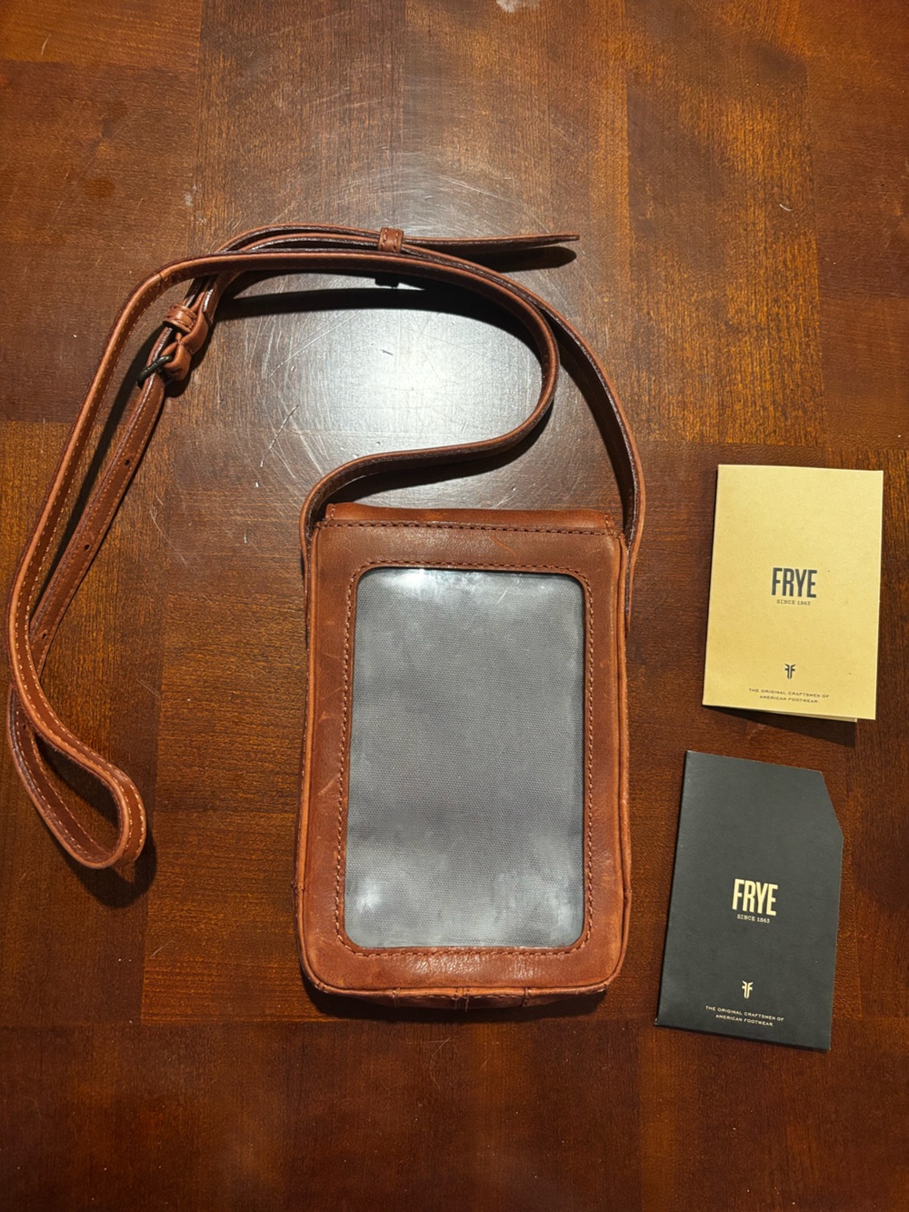 Frye Chestnut Brown Leather Crossbody ID Wallet with Clear Window